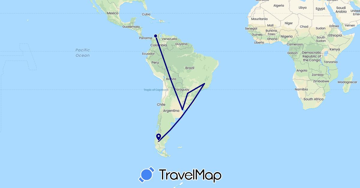 TravelMap itinerary: driving in Argentina, Brazil, Colombia, Uruguay (South America)